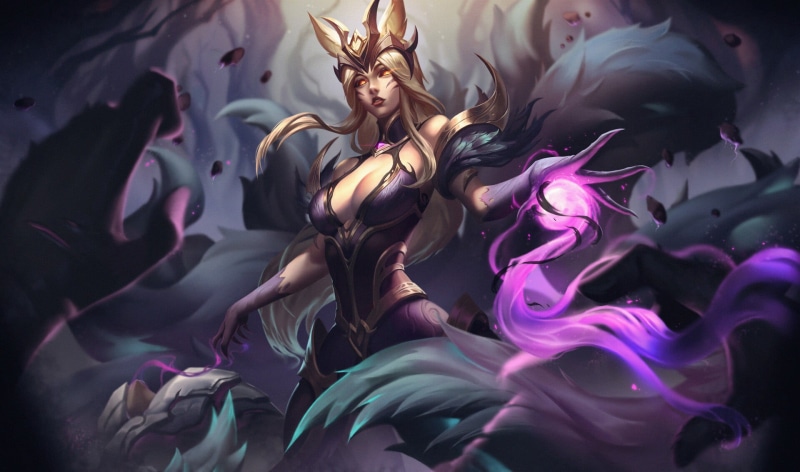 blonde, fox girl, purple, red eyes, Unstable Anomaly, drawing, nine tails, long hair, video game art, women, Ahri (League of Legends), 1080P, League of Legends