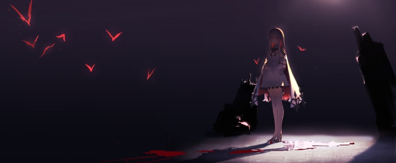 shadow, original characters, high heels, long hair, 2K, standing, anime girls, dark, white hair, thighhighs, red eyes, blood, cape, blue background, anime