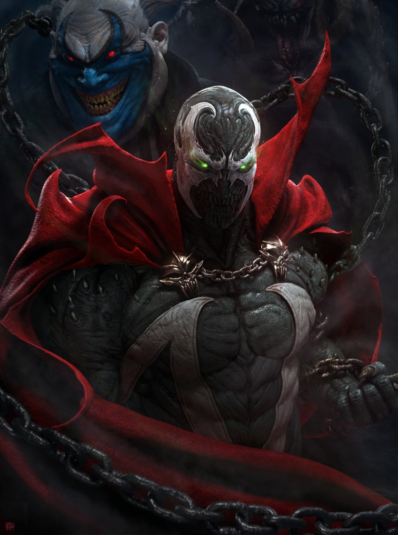 Raf Grassetti, chains, men, 3D, Spawn, costumes, clown, 1080P, mist, skull, cape