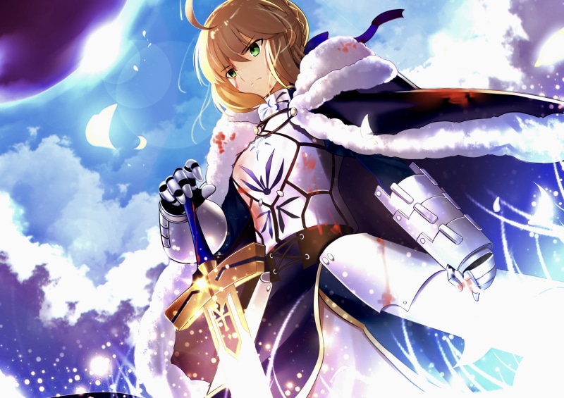 outdoors, day, nature, blonde, joy, representation, celebration, multi colored, 4K, sword, real people, white color, sky, saber, fate grand order, sunlight