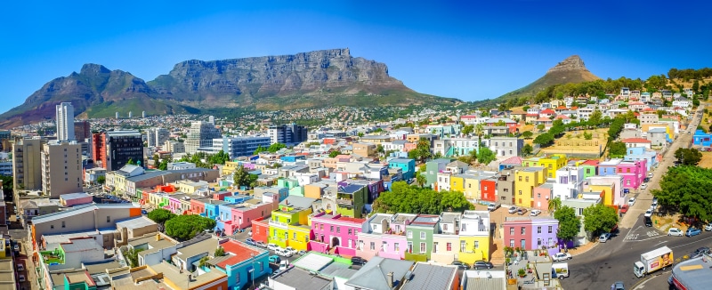 office building exterior, city, day, clear sky, mountains, sunny, architecture, cityscape, mountain, scenics - nature, house, 5K, nature, outdoors, Bo-Kaap