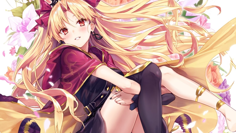 fashion, textile, red ribbon, 1080P, clothing, costume, day, blonde, close-up, pattern, long hair, multi colored, high angle view, representation, Lancer (Fate/Grand Order)