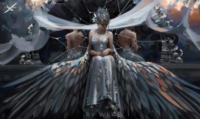 dress, fantasy art, artwork, princess, broken mirror, mood, wound, pointy ears, mirror, 1080P, fantasy, bare back, elf, Ghost blade, Wlop, wings, evening dress