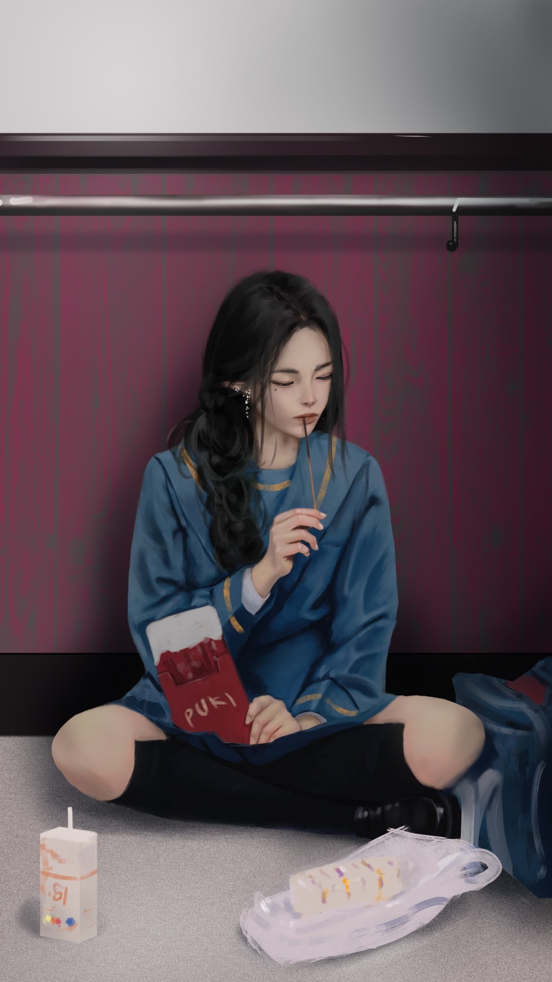 shoes, ArtStation, boots, 2K, elf ears, Asian, black boots, sitting, digital art, bag, blue clothing, noodles, dark hair, closed eyes, colorful, blue clothes