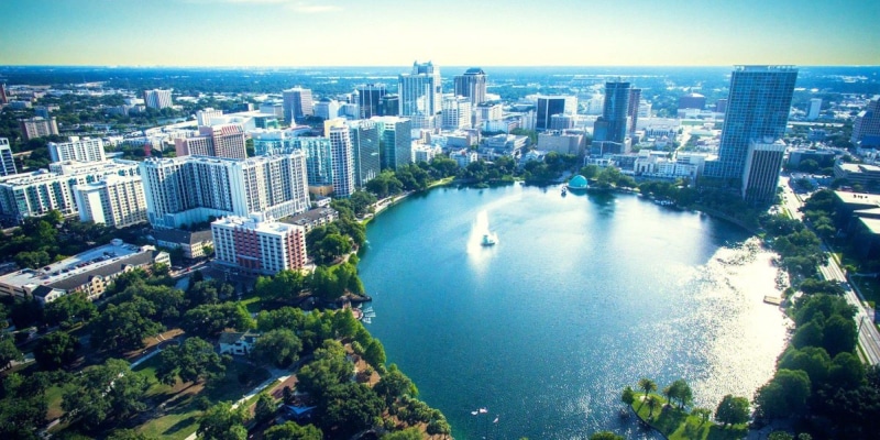 no people, office building exterior, sky, cityscape, water, aerial view, architecture, nature, 1080P, built structure, day, orlando, building, florida