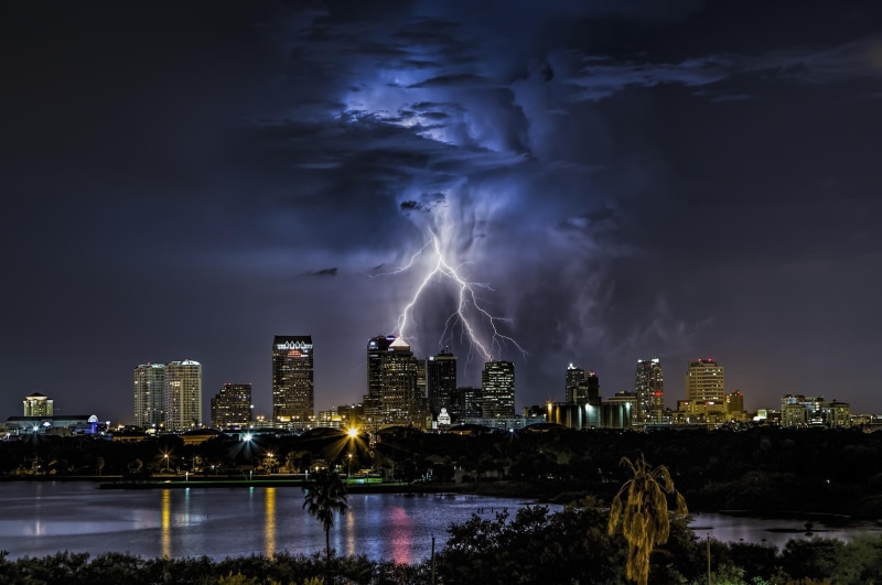 skyscraper, building exterior, office building exterior, power in nature, lightning, thunderstorm, built structure, Florida, illuminated, no people, water