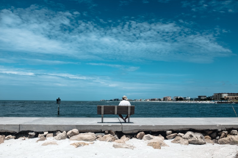 sidewalk, gulf, water, florida, bench, sea, cloud - sky, ocean, leisure activity, seat, 4K, united states, nature, sky, lifestyles, bay, sit, looking at view
