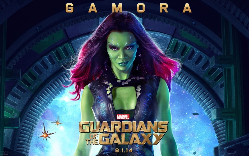 architecture, indoors, script, Guardians of the Galaxy, 720P, one person, text, human representation, Gamora, front view, western script, non-western script