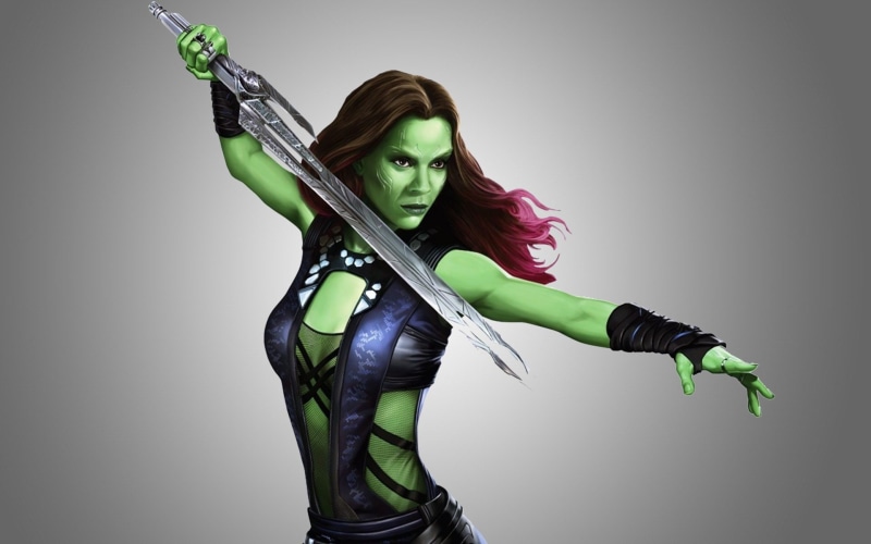 green color, one person, Gamora, beautiful woman, gray, Guardians of the Galaxy, 1080P, looking at camera, gray background, artwork, studio shot, sword