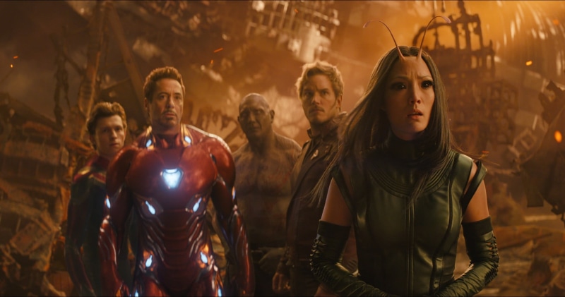 Spider-Man, nightlife, screenshot, Tom Holland, Avengers: Infinity war, Drax the Destroyer, group of people, 1080P, Marvel Cinematic Universe, Pom Klementieff