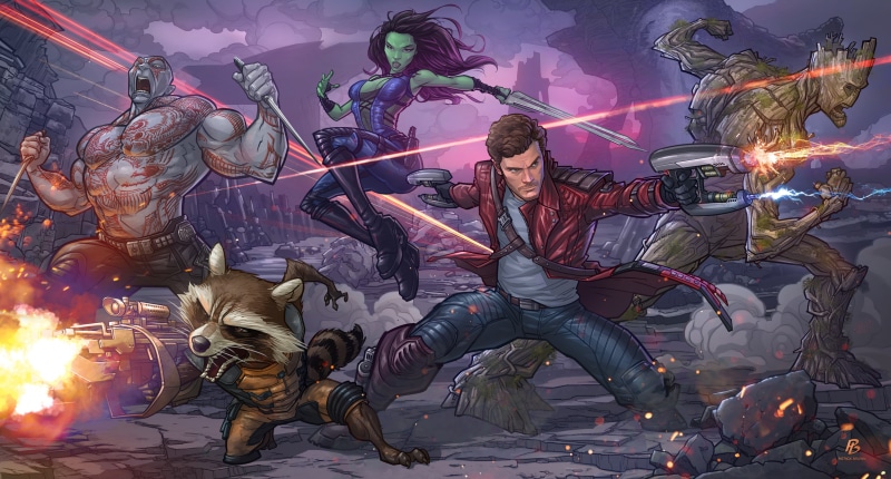 Peter Quill, raccoon, Patrick Brown, 4K, Drax, PatrickBrown, Star-Lord, Guardians of the Galaxy, art, Groot, Gamora, Rocket, marvel comics