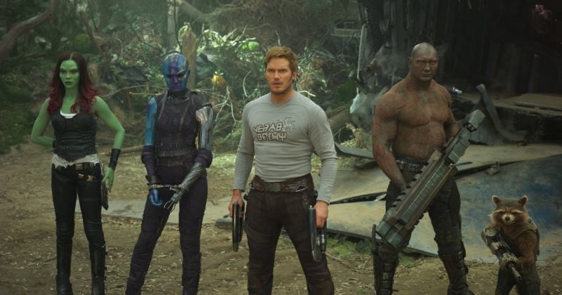 tree, front view, looking at camera, young men, Zoe Saldana, Movie, Karen Gillan, 1080P, people, nature, men, Guardians of the Galaxy Vol. 2, outdoors