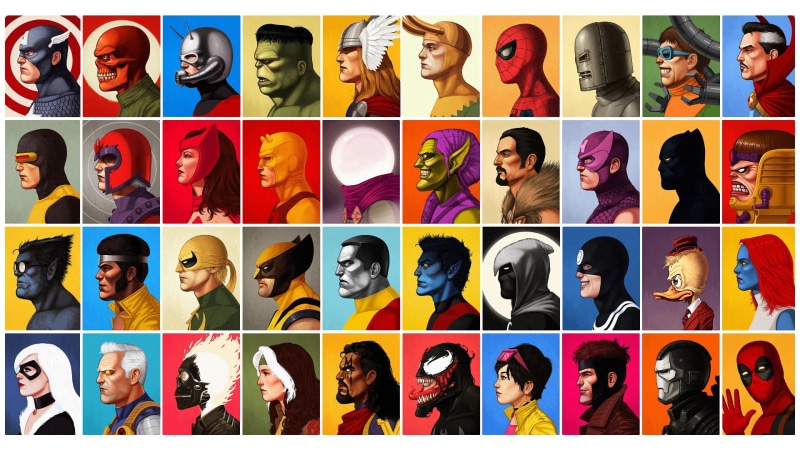 Deadpool, variation, photo, multi colored, Hulk, Magneto, Mike Mitchell, Captain America, studio shot, choice, indoors, real people, adult, happiness, collage