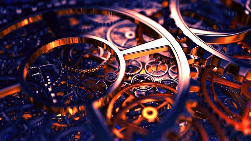 mechanism, photography, machine part, metal, clock, clock mechanism, backgrounds, 1080P, accuracy, full frame, macro, selective focus, time, indoors, close up