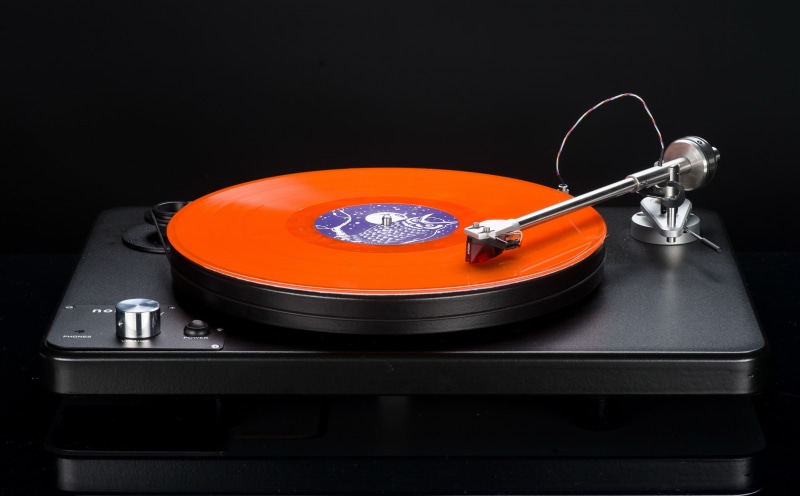 orange color, sound recording equipment, turntable, music, black color, gramophone, turntables, electrical equipment, indoors, audio equipment, antique