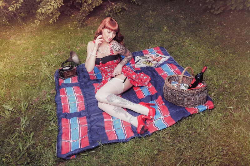 plant, picnic blanket, basket, women, the pinup, stockings, wine, casual clothing, lifestyles, real people, gramophone, day, hairstyle, s, 1080P, container