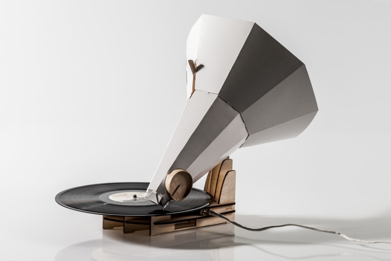 furniture, adult, men, vinyl, technology, desk, white background, communication, copy space, 5K, emotion, music, papercraft, gramophone, connection, sitting