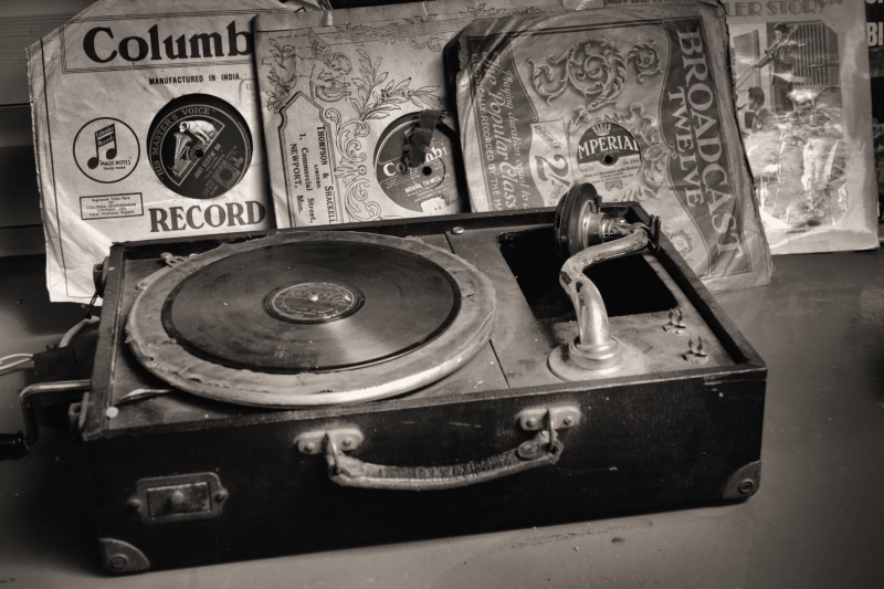 vinyl, record player, grayscale, communication, records, equipment, obsolete, the past, music, history, arts culture and entertainment, close-up, retro styled