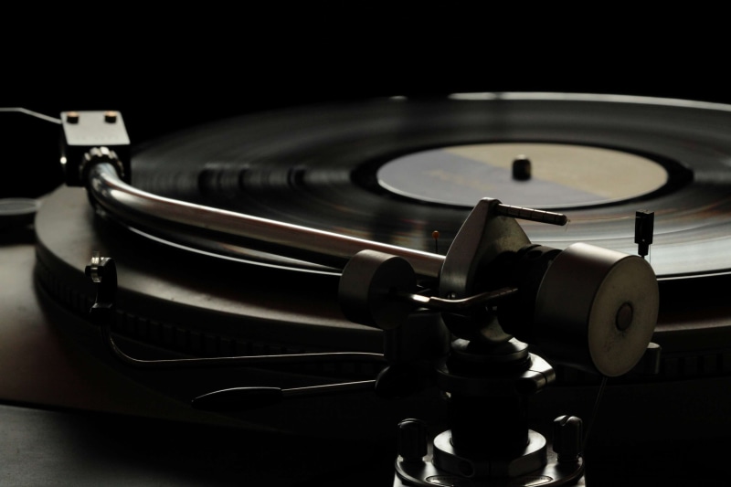 black background, retro styled, technology, indoors, music player, no people, record player needle, black color, record, close-up, retro, gramophone, phonograph