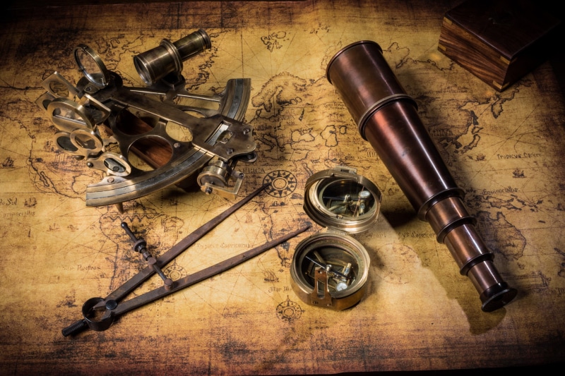 pipe, map, sextant, old, treasures, party, telescope, box, 1080P, compass