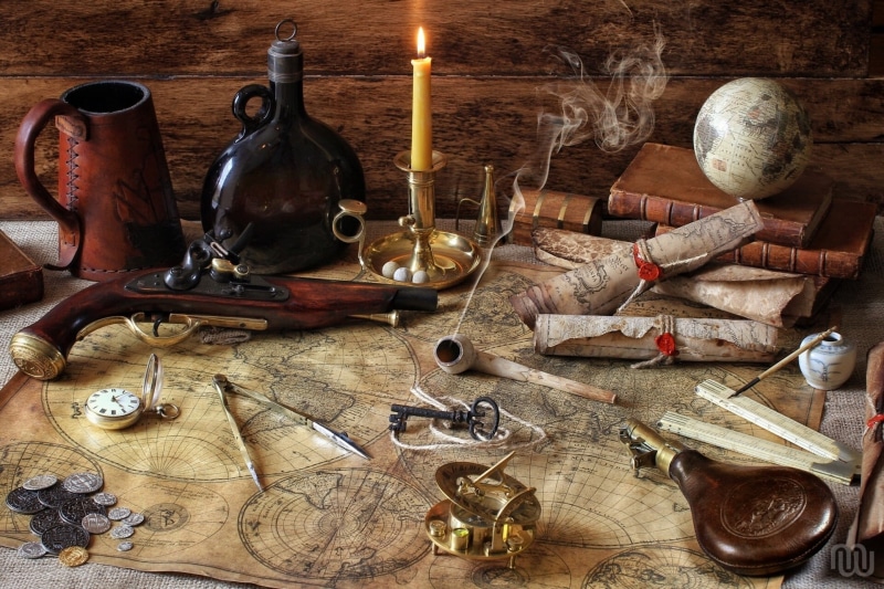 no people, variation, equipment, bottle, tube, directly above, pipe, candle, antique, coins, high angle view, hand tool, the compass, old, globe, indoors