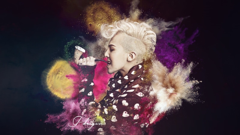 portrait, young adult, activity, 1080P, BIGBANG, exploding, front view, studio shot, K-pop, multi colored, make-up, beautiful woman, smoking, waist up