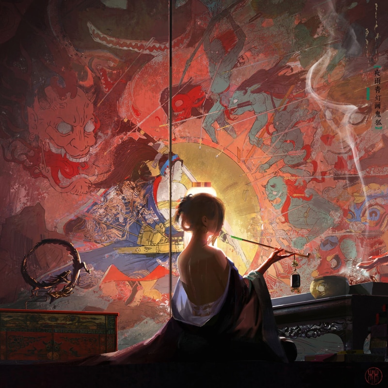sheath, smoking pipe, weapon, painting, samurai, Japanese, smoke, waves, women, kimono, arrows, lantern, 720P, Oni, eastern, smoking, dragon, spear, demon