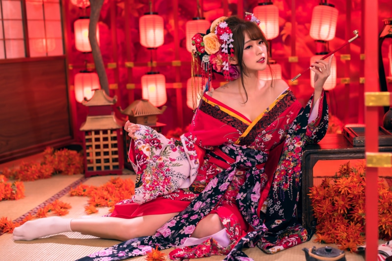 Asian, 2K, model, women indoors, brunette, looking away, pipe, women, sitting, hair accessories, kimono, bare shoulders