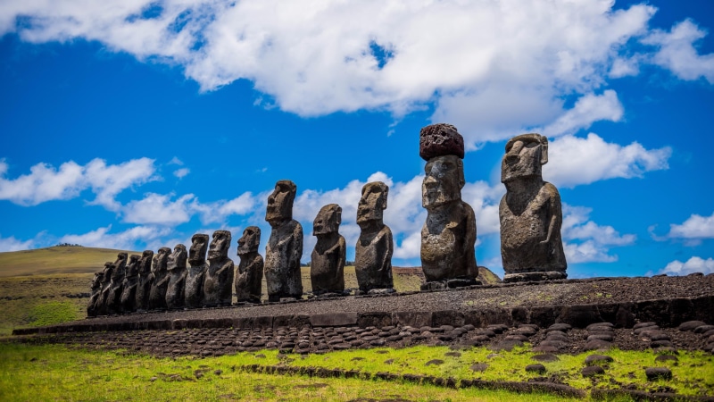 blue, ruined, unique, mysterious, moai, easter island, unesco world heritage, the past, solid, archaeology, outdoors, cloud - sky, ruin, statue, travel destinations