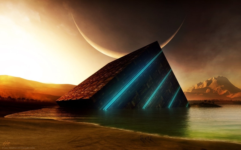 science fiction, digital art, cube, crescent moon, sunset, Moon, abstract, orange, planet, cyan, mountains, glowing, 720P, lake, artwork, space art, water