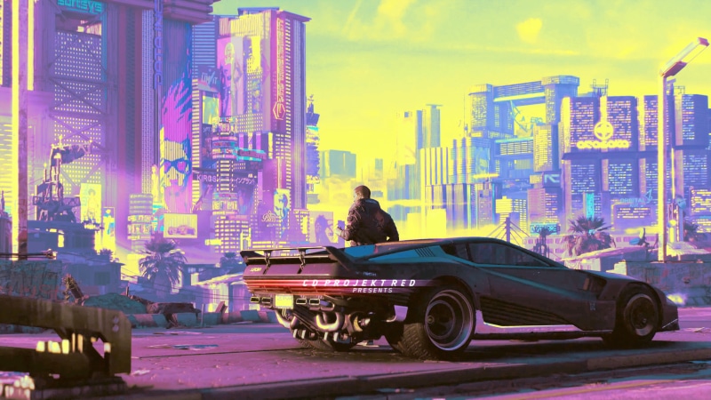 hd, road, xbox games, one person, cyberpunk 2077, games, city life, skyscraper, 4K, outdoors, purple, cityscape, cloud - sky, building, mode of transportation