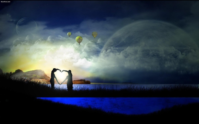 air, silhouette, forming, 1080P, couple, romantic couple, hot, romantic, three, photo, heart, love, balloons