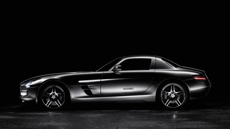 studio shot, sls, alloy, Mercedes-Benz, indoors, sports car, gray, wealth, modern, vintage car, no people, clean, 1080P, profile view, luxury, amg, transportation