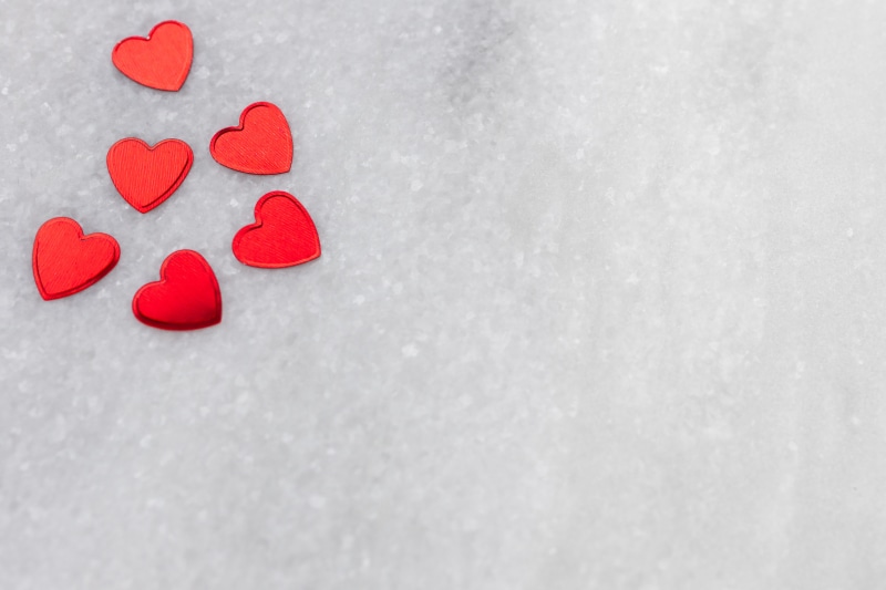 love, no people, heart shape, valentines day - holiday, snow, white color, indoors, confetti, copy space, foil, high angle view, celebration, cold temperature