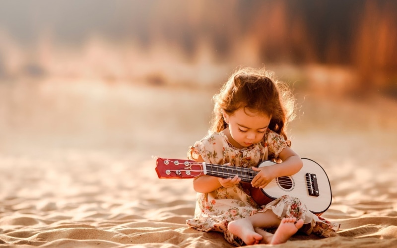 little, little girl, playing, girl, cute, guitar, white, 1080P, ukulele