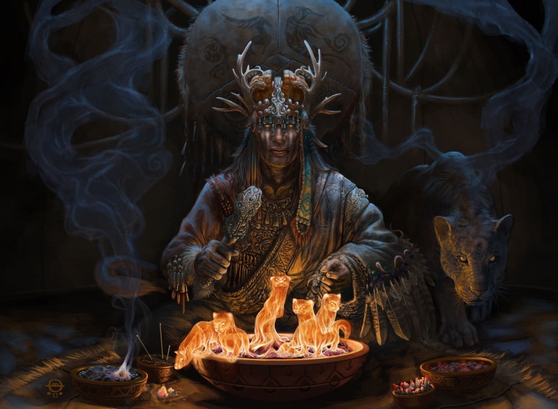 belief, religion, indoors, smoke - physical structure, 1080P, representation, statue, front view, flame, illustration, human representation, burning, illuminated