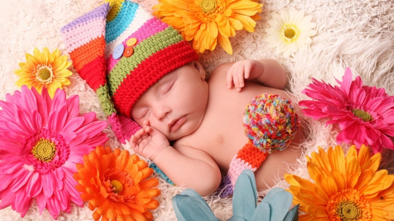 1080P, cozy, innocence, directly above, woolly hat, high angle view, cute, relaxation, babyhood, sleeping, clothing, close-up, flower, cap, eyes closed