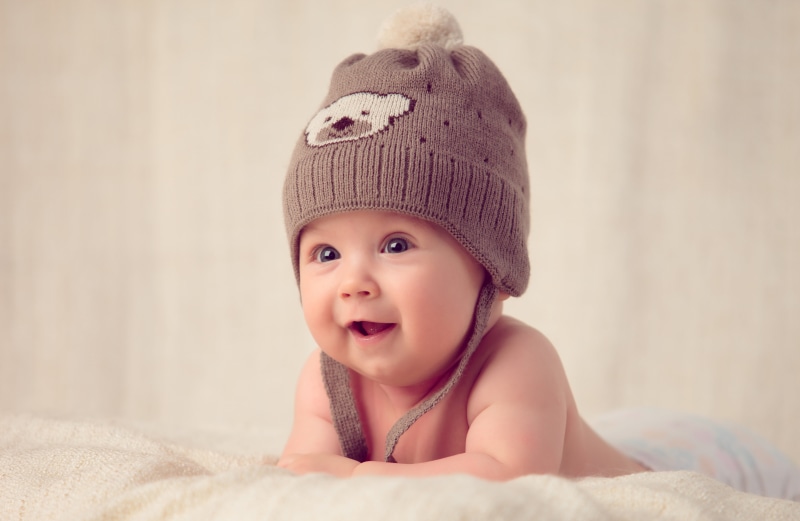 kid, childhood, clothing, bed, s, newborn, cute, knit, child, innocence, baby, mouth open, gray, hat, looking at camera, white, babyhood, one person, 8K