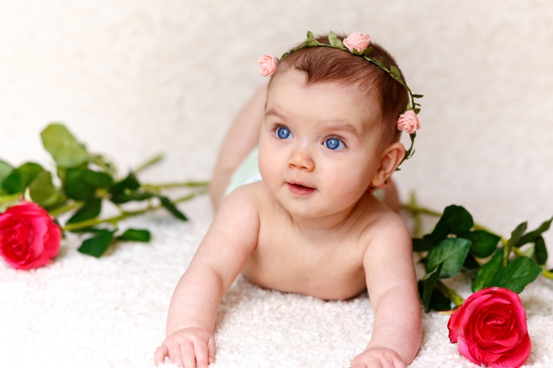 happiness, innocence, baby Girls, child, people, girl, roses, nature, flower, babyhood, smiling, young, baby, rose, hairband, cute, small, human Face, caucasian Ethnicity