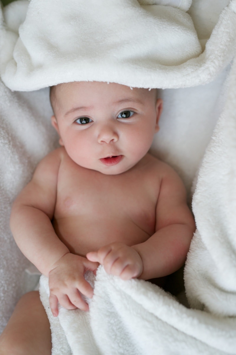 indoors, portrait, child, childhood, 1080P, front view, baby, curiosity, infant, toddler, looking away, looking, one person, softness, textile, real people