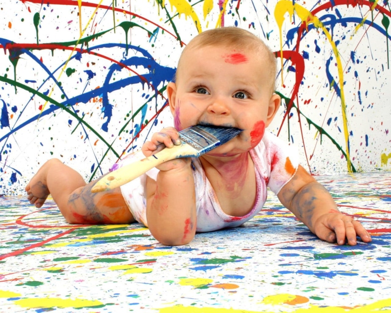 one Person, child, paintbrush, amusing, paintings, small, sitting, dirty, cute, baby, painting, babyhood, education, cheerful, looking at camera, colors