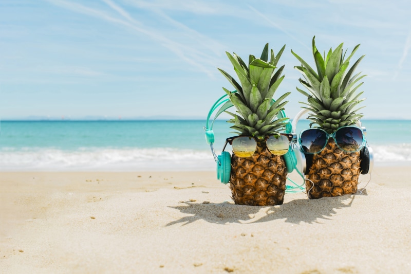funny, pineapple, sea, beach, cute, sand, 5K, headphones, stay, summer, sunglasses, happy, vacation, glasses