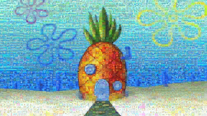 SpongeBob SquarePants, water, nature, cartoon, pineapples, no people, blue, close-up, graffiti, digital composite, architecture, wall - building feature