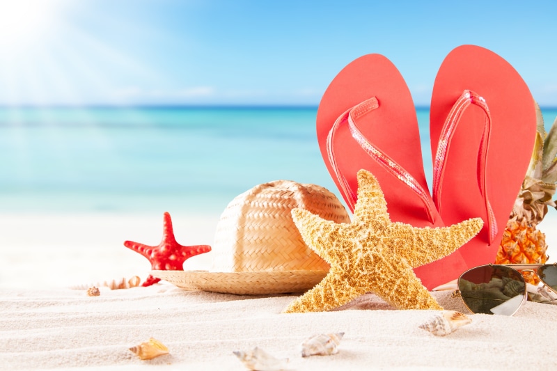 vacations, star Shape, sun, blue, copy Space, horizon over water, water, sunny, land, scenics - nature, travel, sunglasses, tourist Resort, flops, red