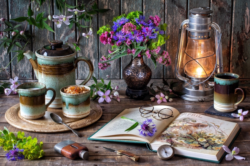 coffee, style, glasses, coffee pot, book, still life, clematis, 4K, bouquet, mug, flowers, compass, lamp, cornflowers