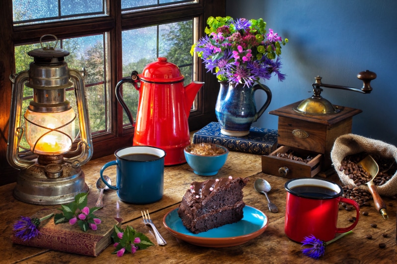 flowers, mugs, bouquet, books, coffee pot, window, still life, coffee, style, coffee grinder, cake, coffee beans, lantern, 5K, lamp