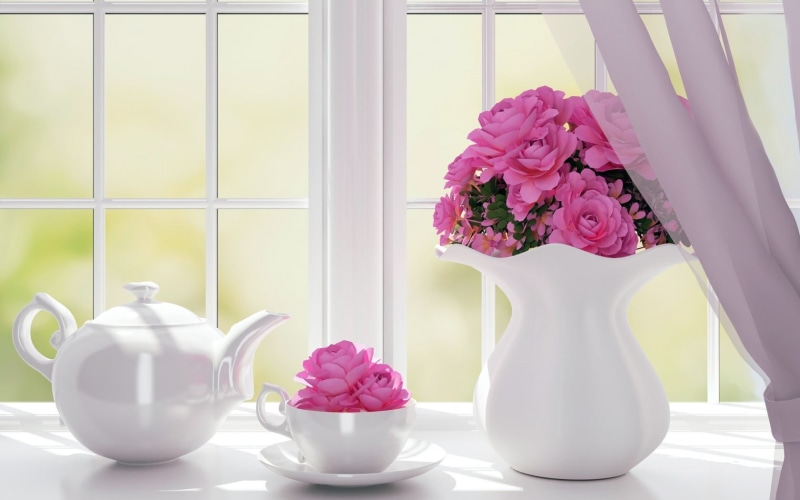 teapot, crockery, pink, decoration, plant, cup, window, white color, nature, petal, fragility, flower arrangement, flower head, ♥, bouquet, vase, freshness