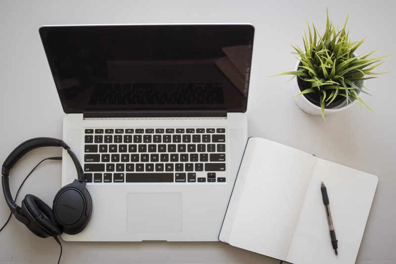 potted plant, portable information device, furniture, desk, wireless technology, high angle view, laptop, plant, computer, connection, houseplant, no people