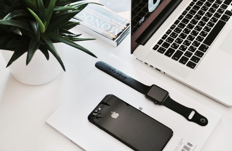 iphone, pC, watch, communication, desk, indoors, white, laptop, technology, white surface, table, smart phone, work, connection, steel, apple, potted plant