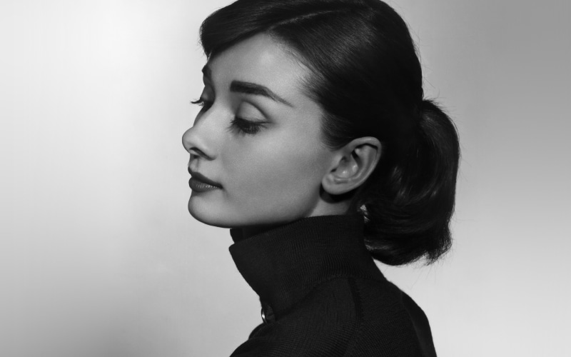 dark, contemplation, film, adult, looking, young women, hepburn, audrey, profile view, side view, close-up, bw, portrait, one person, lifestyles, white background